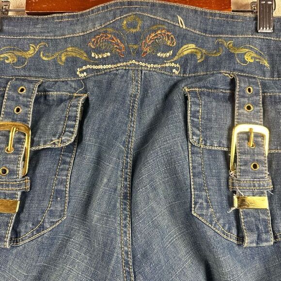 Y2K Apple Bottom Jeans Womens 38 Multi Buckle Detail Baggy Denim Crop Streetwear - Picture 8 of 15